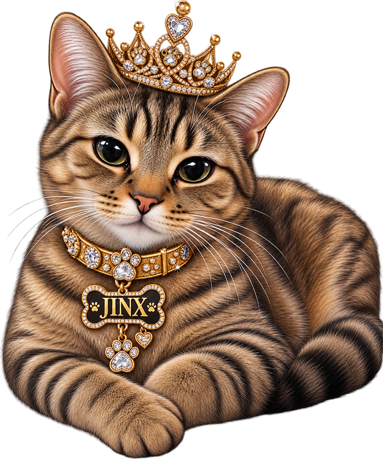 Jinx Monsoon wearing a golden crown and jeweled collar