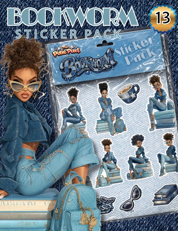 13-Piece Bookworm Sticker Pack – Denim Luxe Baddies in Glasses | Book Lover Stickers | Fashion Girl Clipart | Printable & Die-Cut PNG