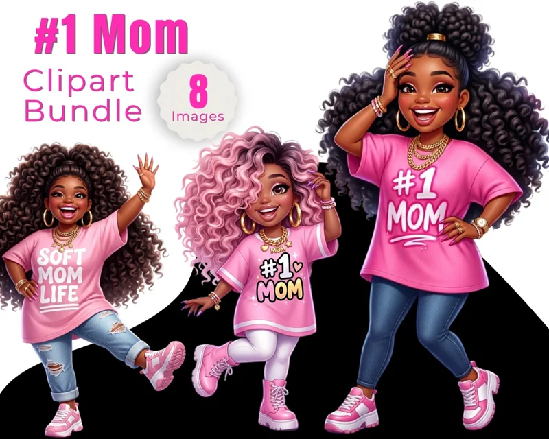 #1 Mom Clipart Bundle – 8 PNG Images | Black Girl Clipart | Chibi Mom PNG | Melanin Graphics | Mother’s Day Design | Commercial Use