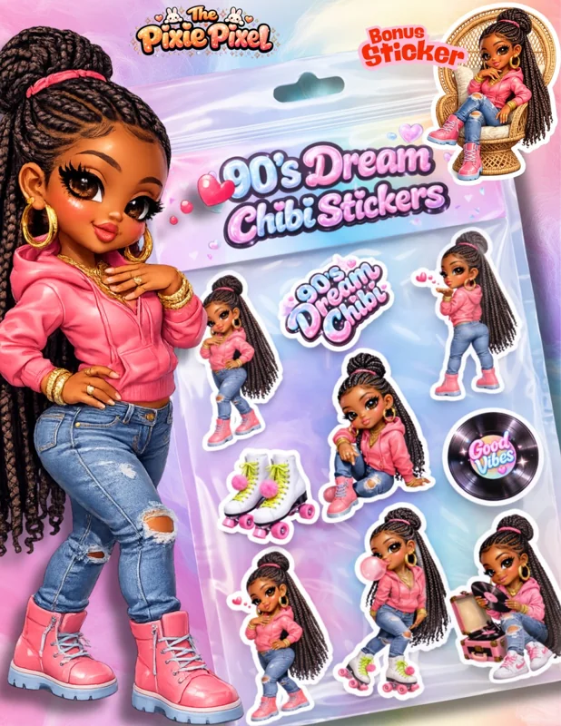 90's Dream Chibi Sticker Pack – African American Retro Chibi Stickers (7 Stickers + Bonus)